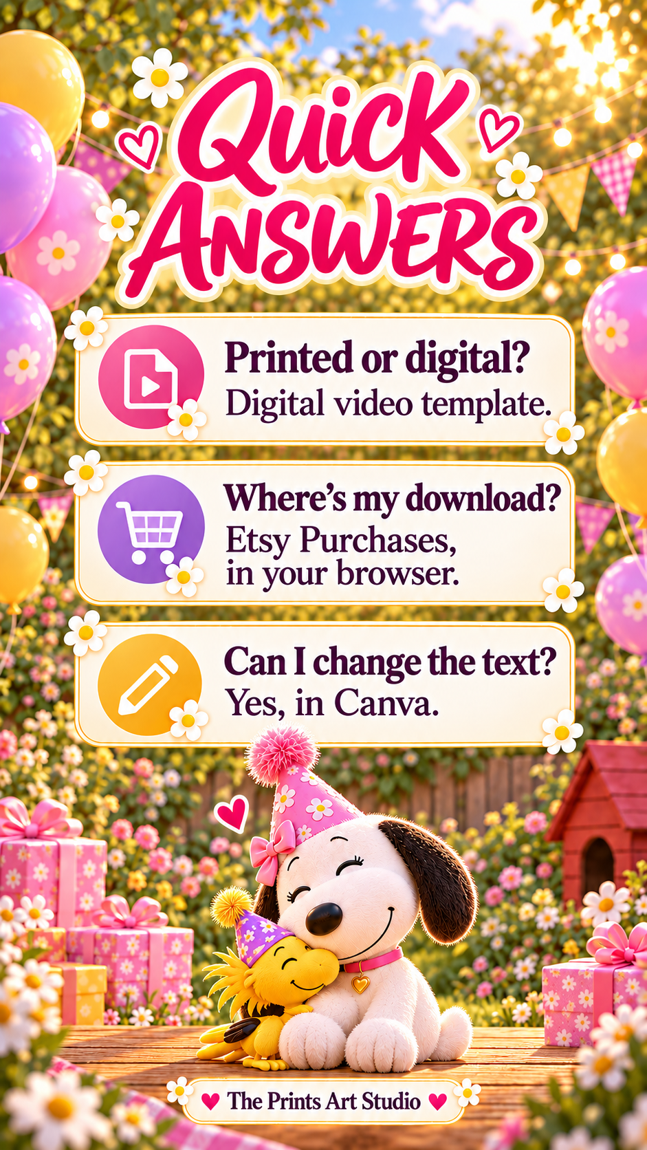 Quick Answers about the Pink Snoopy Birthday Video Invitation with digital template information and cartoon puppy.