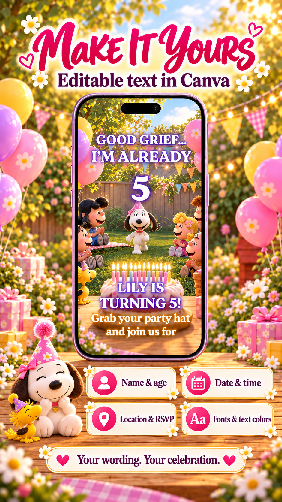 Pink Snoopy Birthday Video Invitation featuring a colorful animated garden party scene with editable text options.