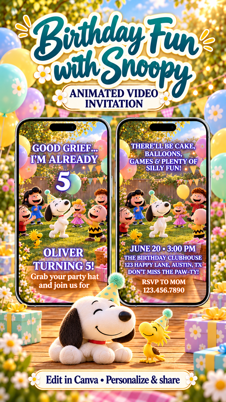 Snoopy Birthday Video Invitation featuring animated birthday celebration with colorful balloons and playful characters.