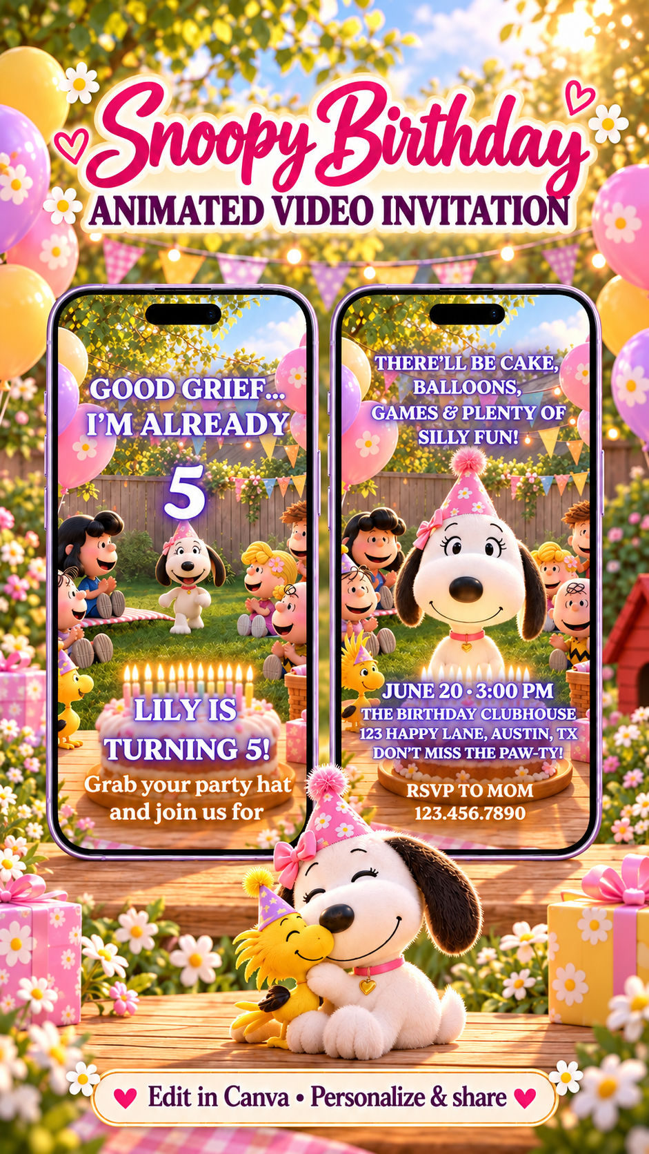 Pink Snoopy Birthday Video Invitation featuring animated party details for Lily's 5th birthday celebration.