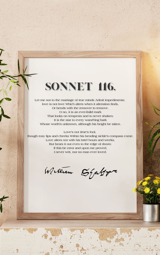 Sonnet 116 by William Shakespeare – Eternal Love Poetry Printable Wall Art elegantly displayed on a rustic shelf with plants and decor.