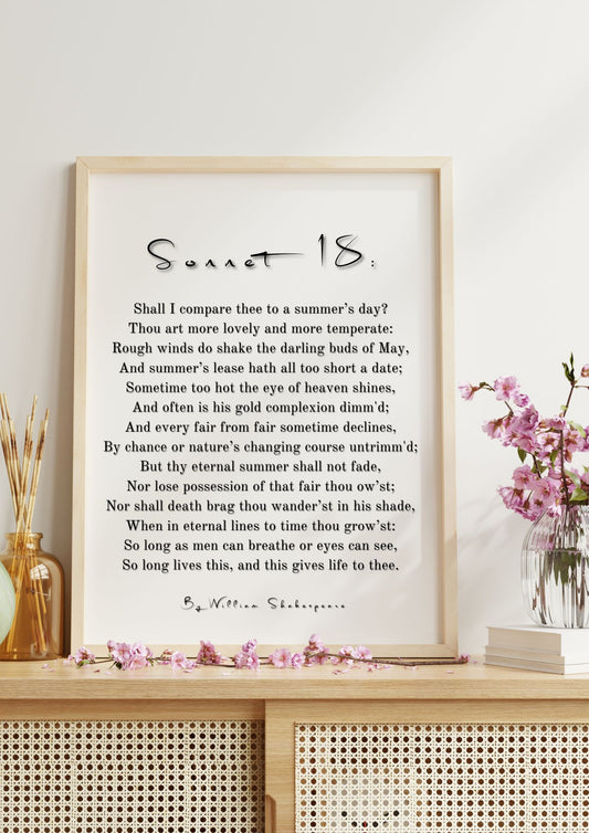 Sonnet 18 by William Shakespeare – Timeless Poetry Printable Wall Art displayed on a wooden shelf with pink flowers.