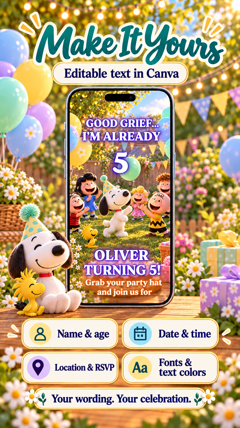 Snoopy Birthday Video Invitation featuring colorful garden party design with editable text and playful characters.