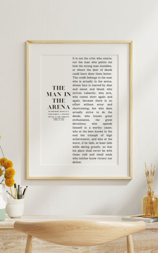 The Man in the Arena by Theodore Roosevelt – Inspirational Leadership Wall Art hanging in a modern living room setting.