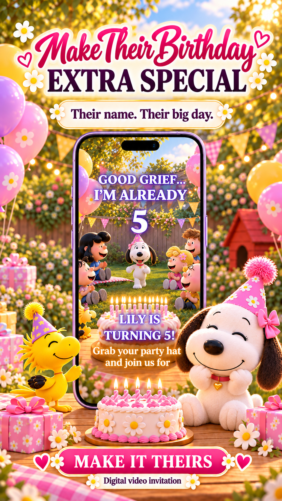 Pink Snoopy Birthday Video Invitation featuring animated characters, birthday cake, and colorful decorations with festive text.