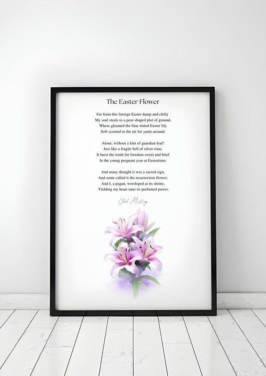 The Easter Flower by Claude McKay – Printable Poetry Wall Art with Easter Lily Illustration, framed on white wooden floor.