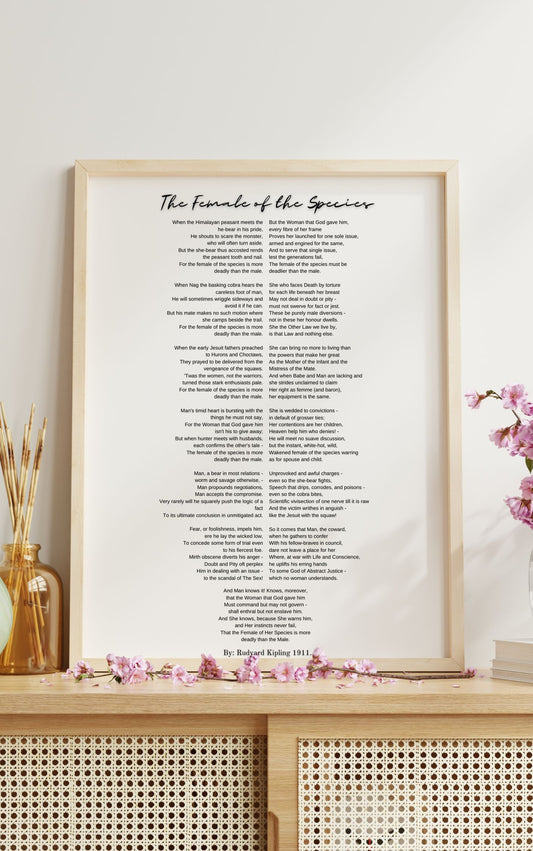 The Female of the Species by Rudyard Kipling – Printable Poetry Wall Art on Strength & Femininity displayed on a wooden shelf.