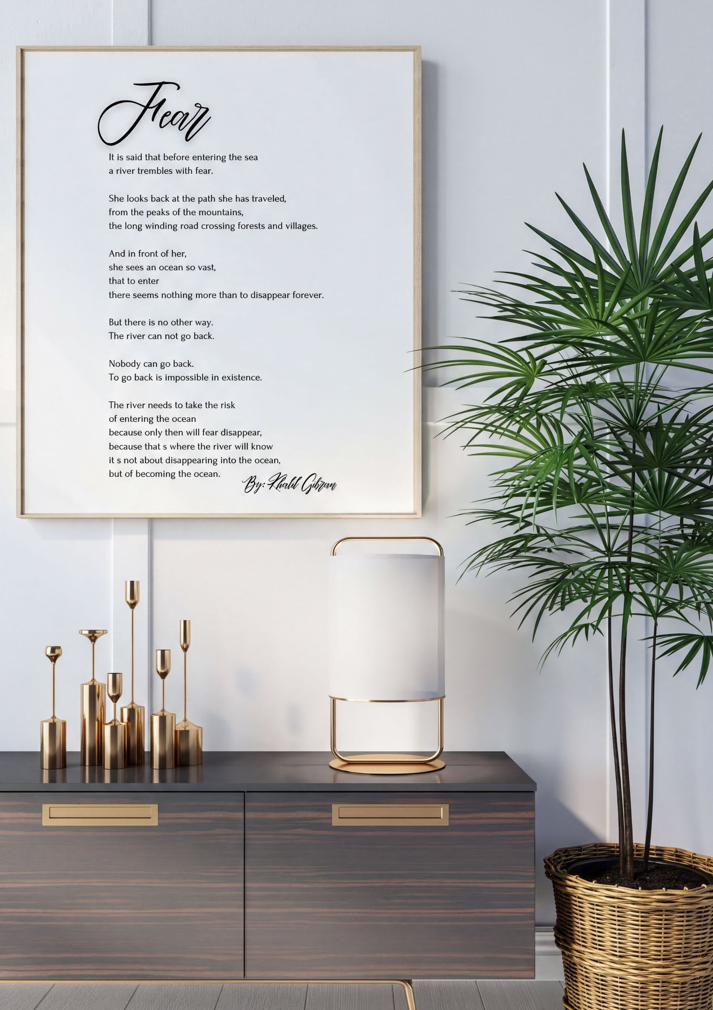 Fear - Khalil Gibran Poem Print in modern living room decor with plant and lamp