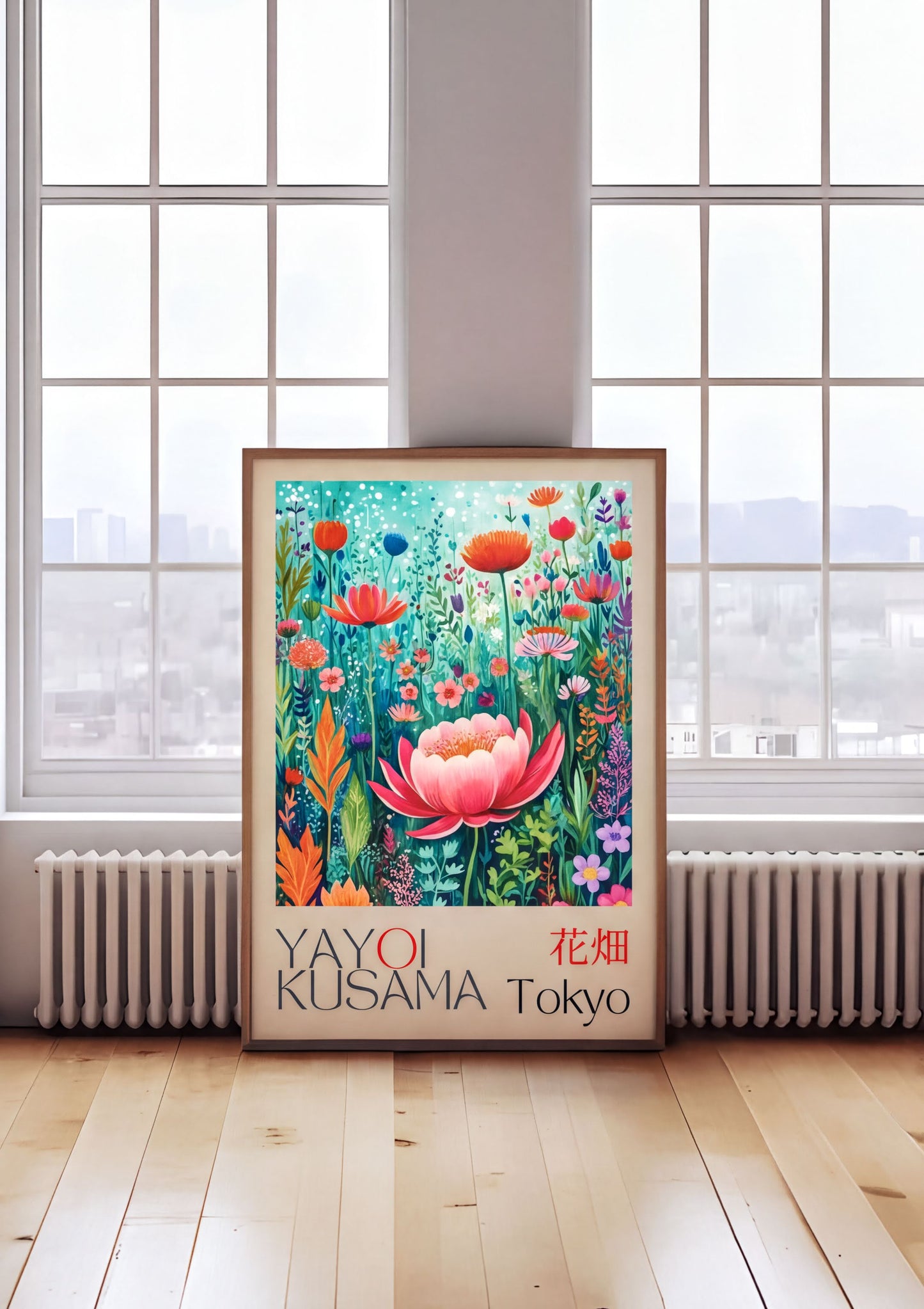 Yayoi Kusama Art vibrant wildflower print displayed in modern room with large windows and wooden flooring.