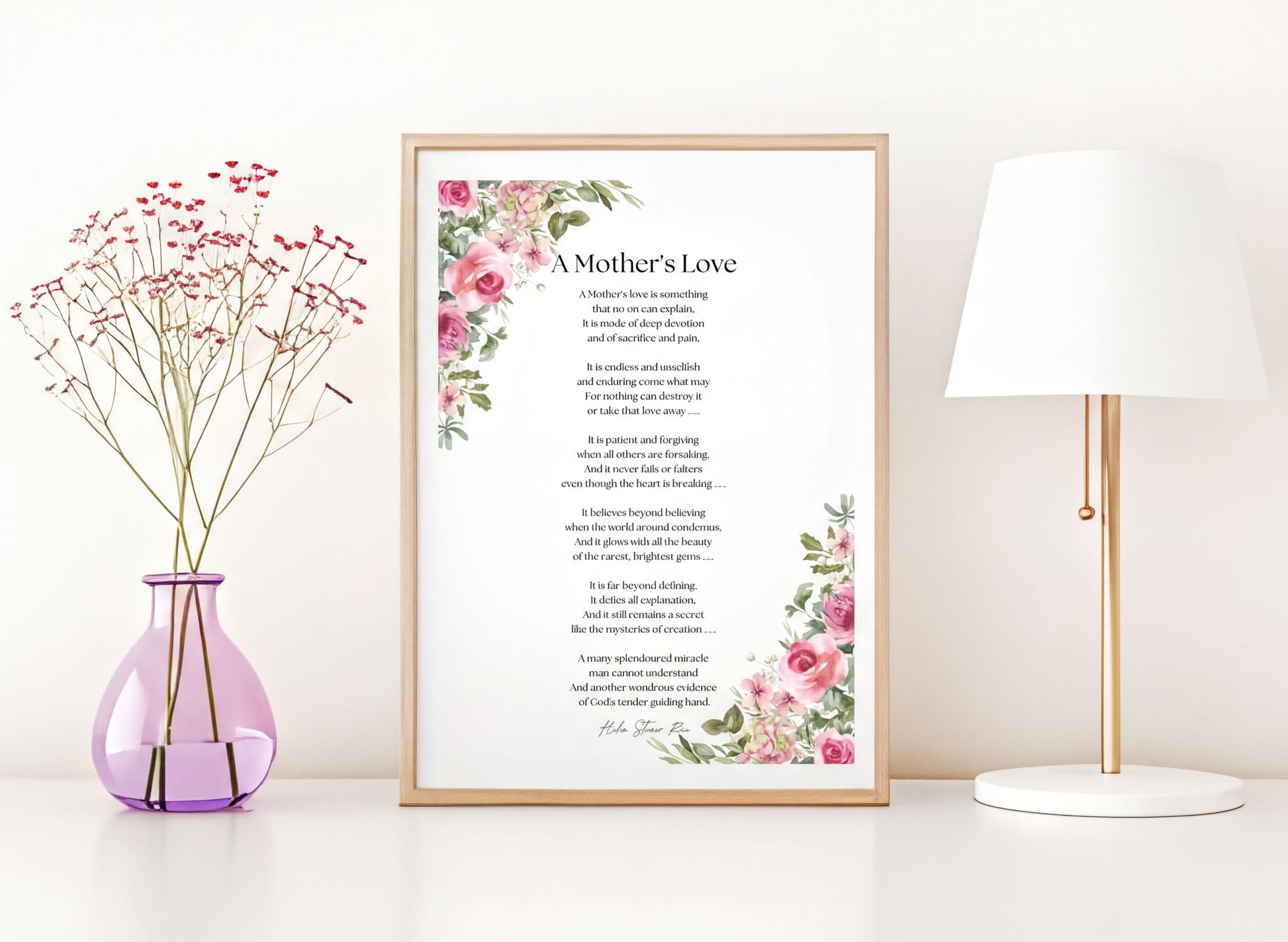 Mothers Love Poem Print featured in elegant floral decor, showcasing heartfelt tribute to motherhood.