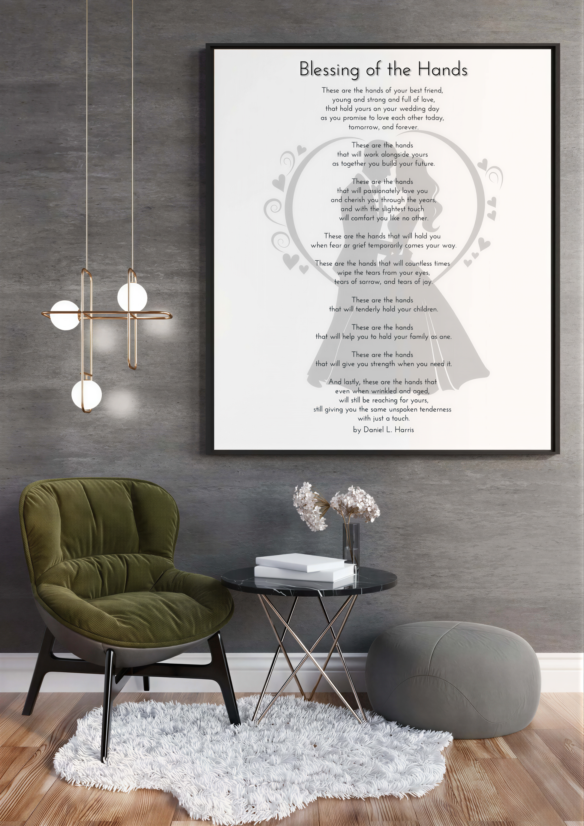 Wedding Blessing Poem displayed as elegant digital art in a modern living room setting.