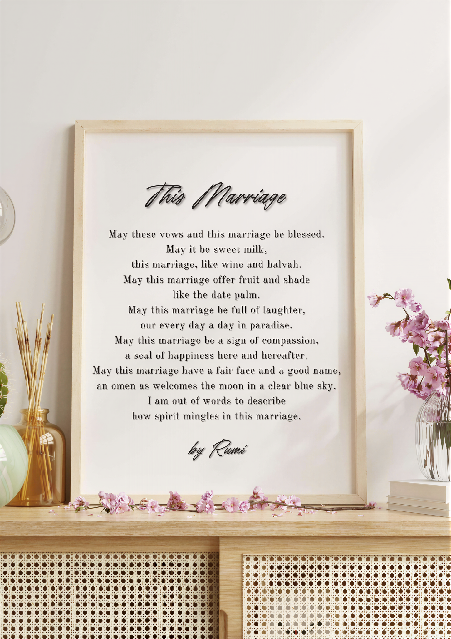 Rumi Wedding Poem Art displayed in a wooden frame, showcasing the poem 'This Marriage' on a stylish decor.