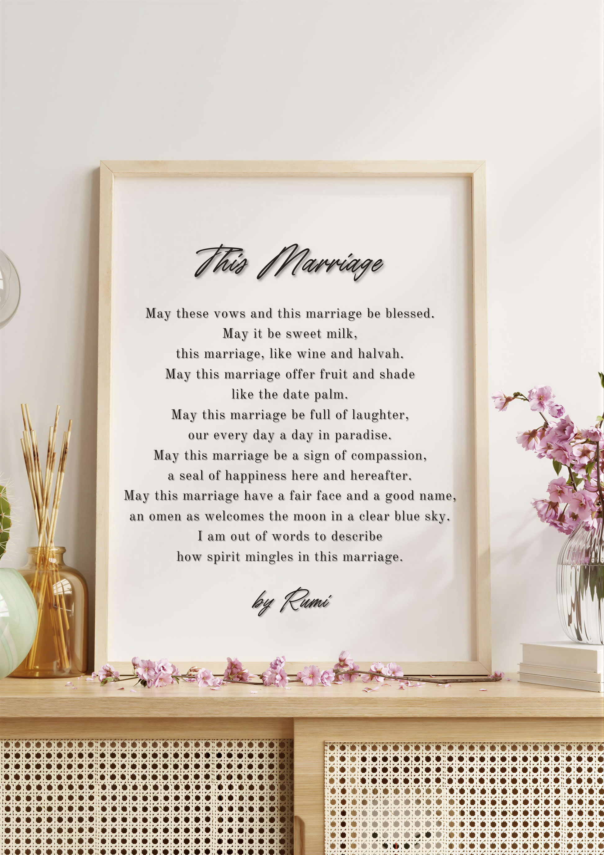 Rumi Wedding Poem Art displayed in a wooden frame, showcasing the poem 'This Marriage' on a stylish decor.