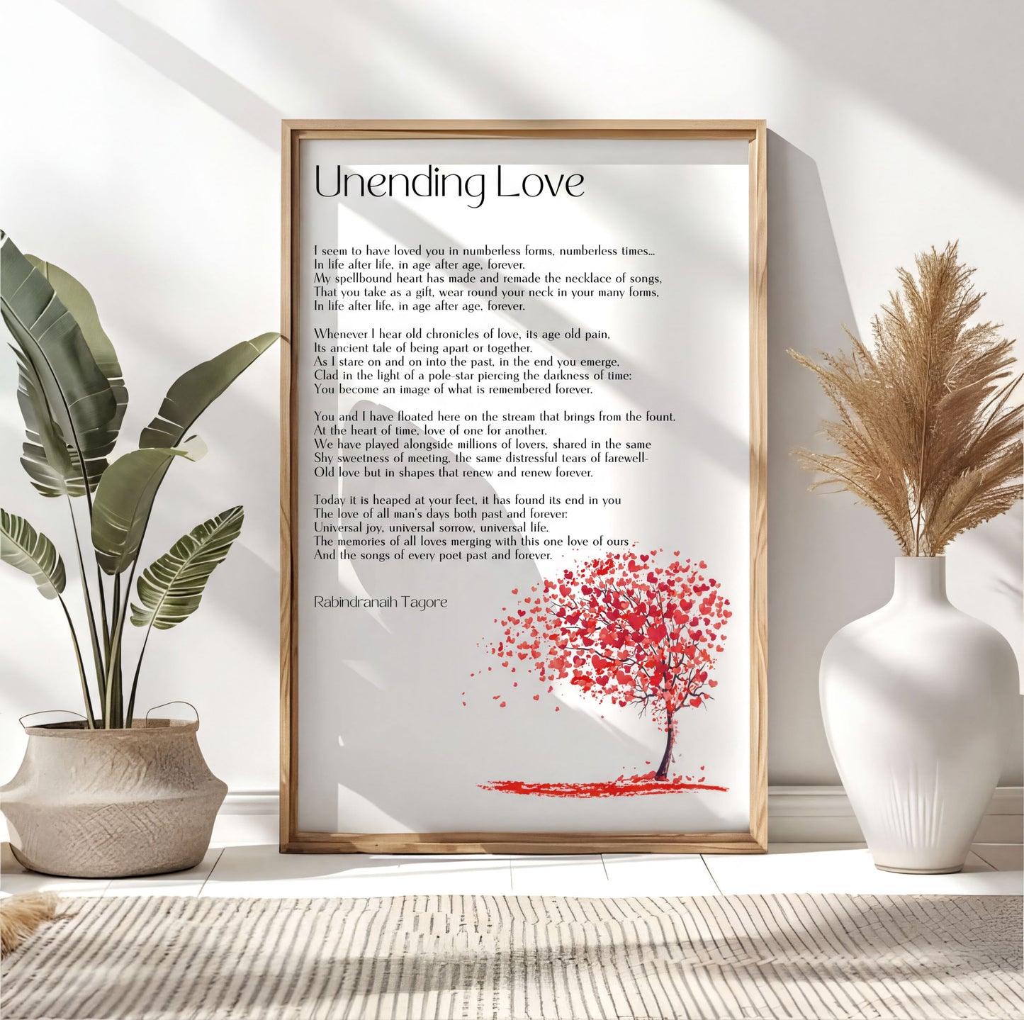 Unending Love Poem Art displayed on a wall, featuring romantic poetry and a beautiful tree illustration.