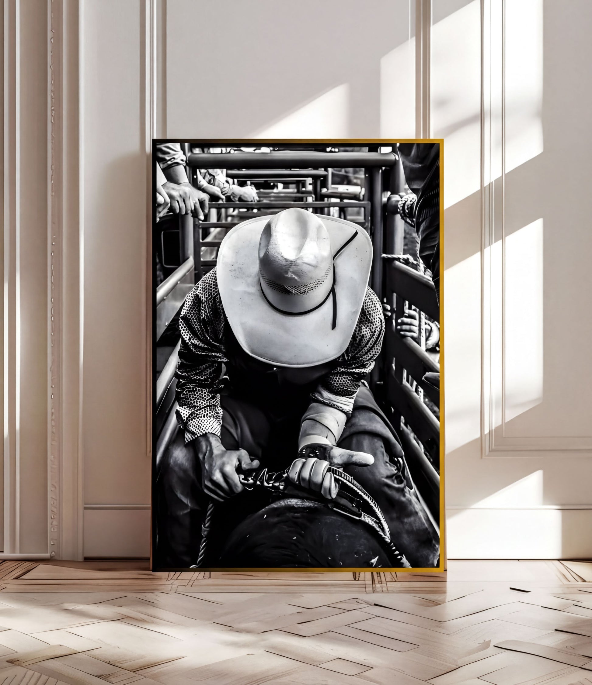 Cowboy Rodeo Wall Art featuring a cowboy preparing for the ride in black and white rustic decor.