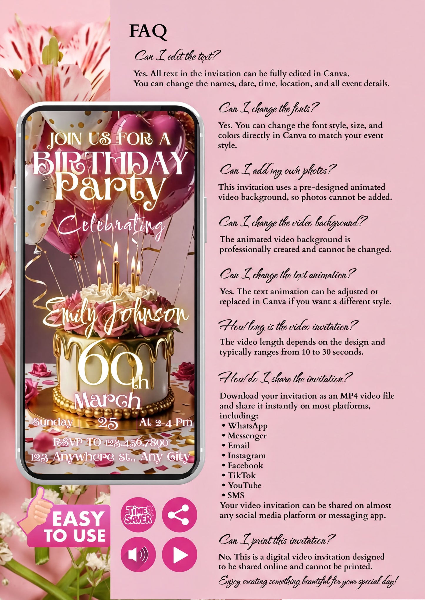 60th Birthday Video Invitation showcasing elegant design and features for a memorable celebration.