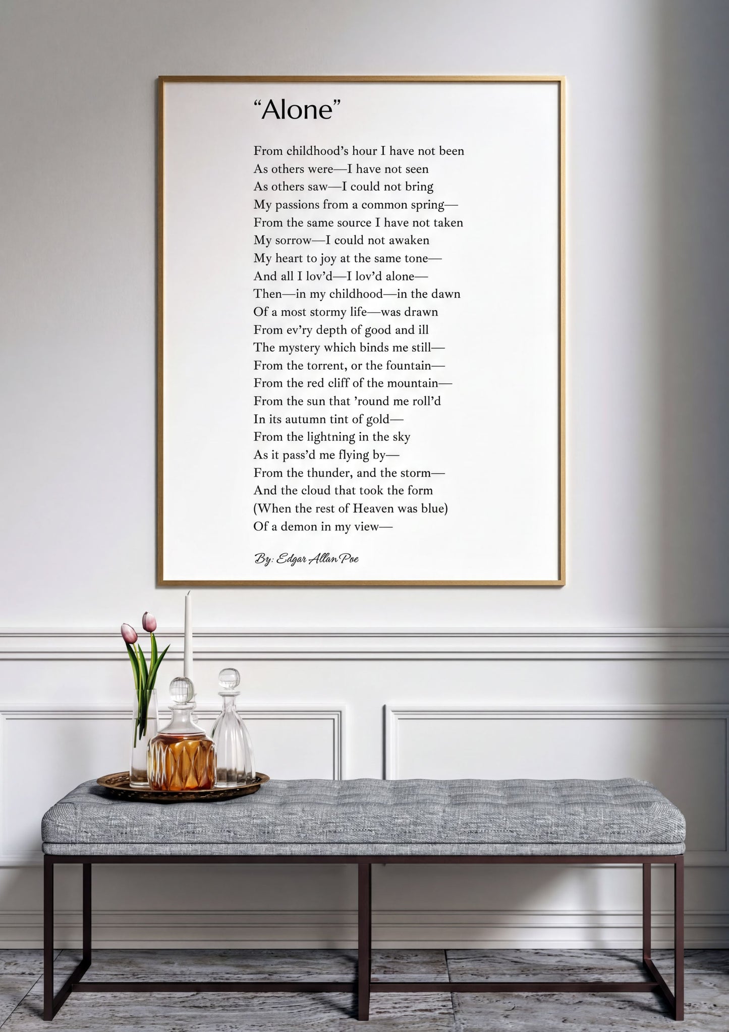 Alone Edgar Allan Poe Print featuring haunting minimalist poem design in a stylish living room setting.