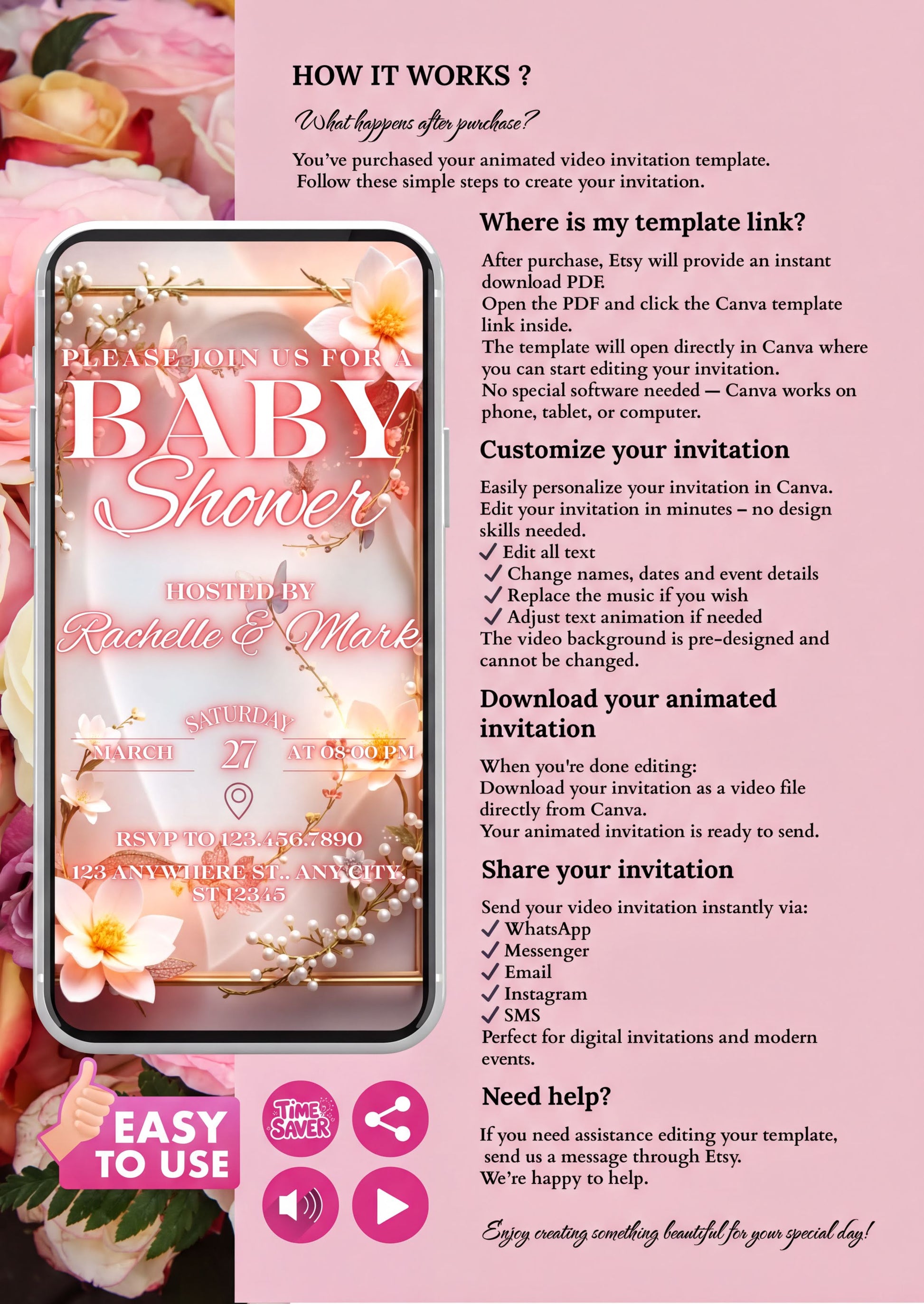 Floral baby shower video invitation template with customizable options and instructions on a mobile device.