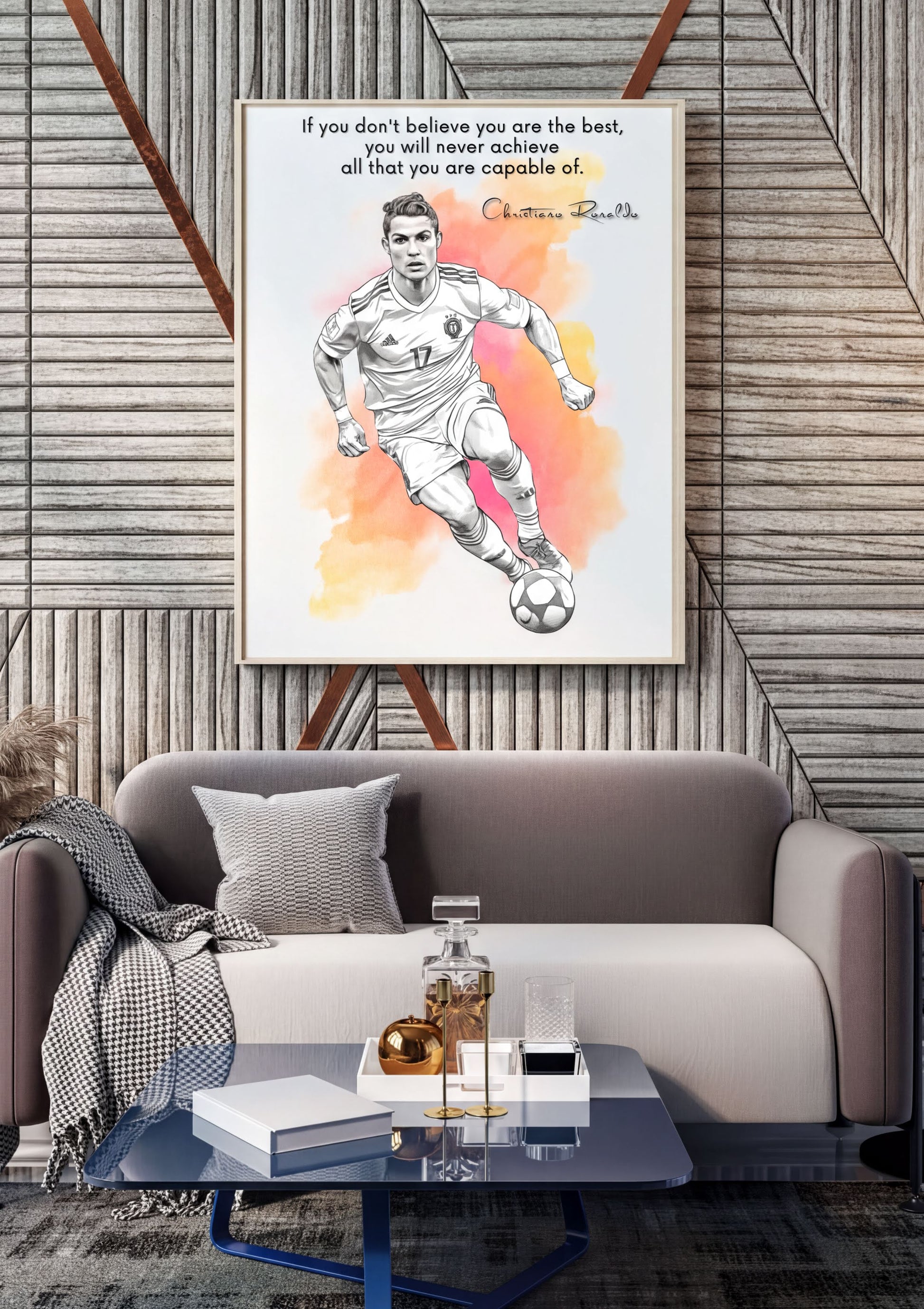 Cristiano Ronaldo Quote Print featuring motivational quote and athlete illustration in modern living room setting.