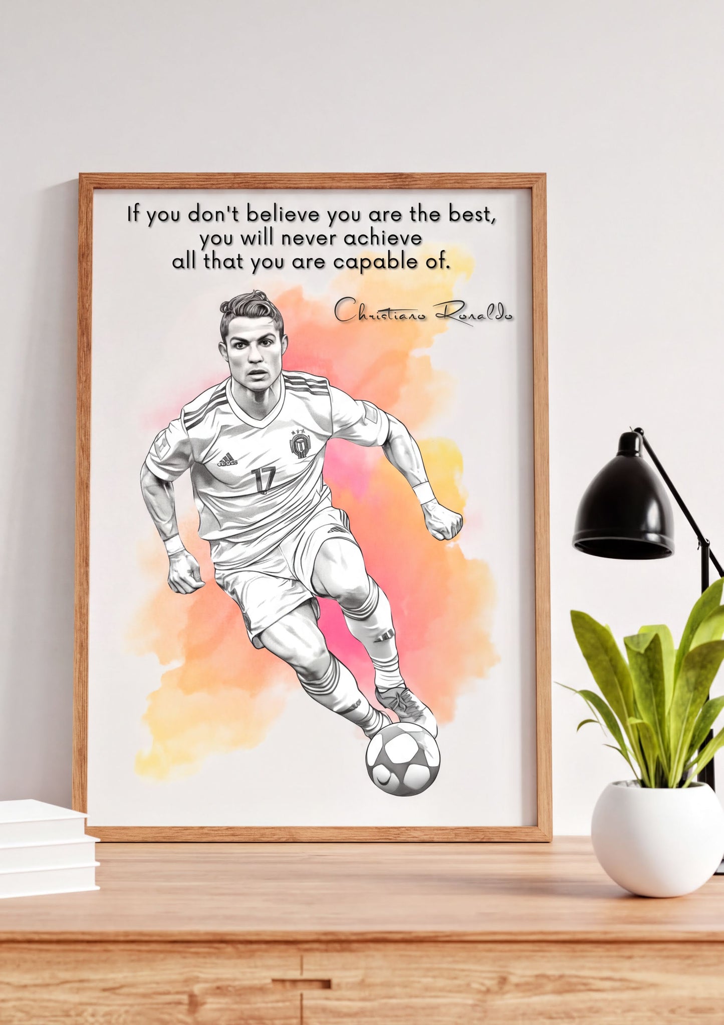Cristiano Ronaldo Quote Print featuring motivational phrase for athletes and football fans, colorful design in home decor.