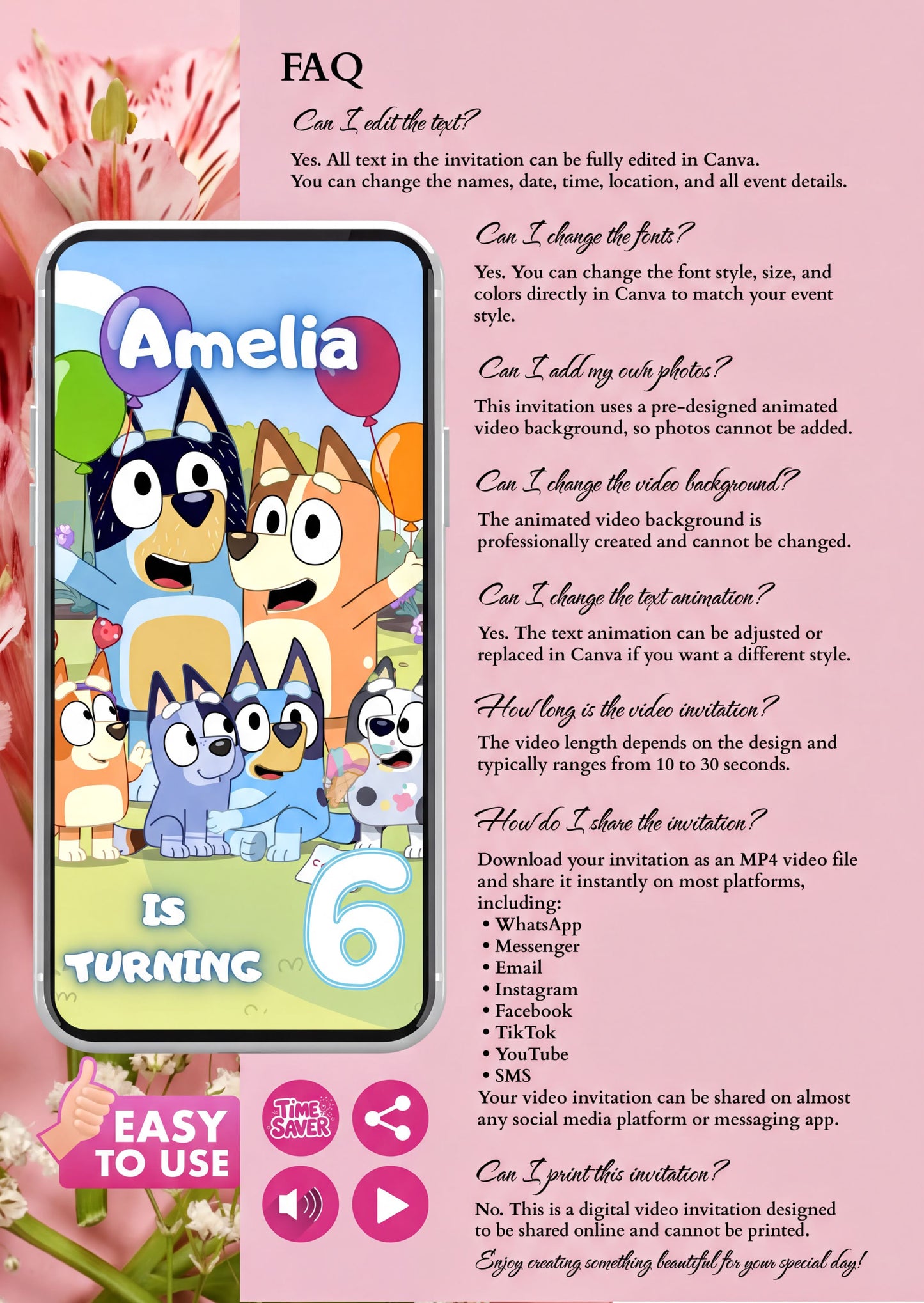 Bluey Birthday Invitation customizable animated video invite with FAQ section and colorful design.