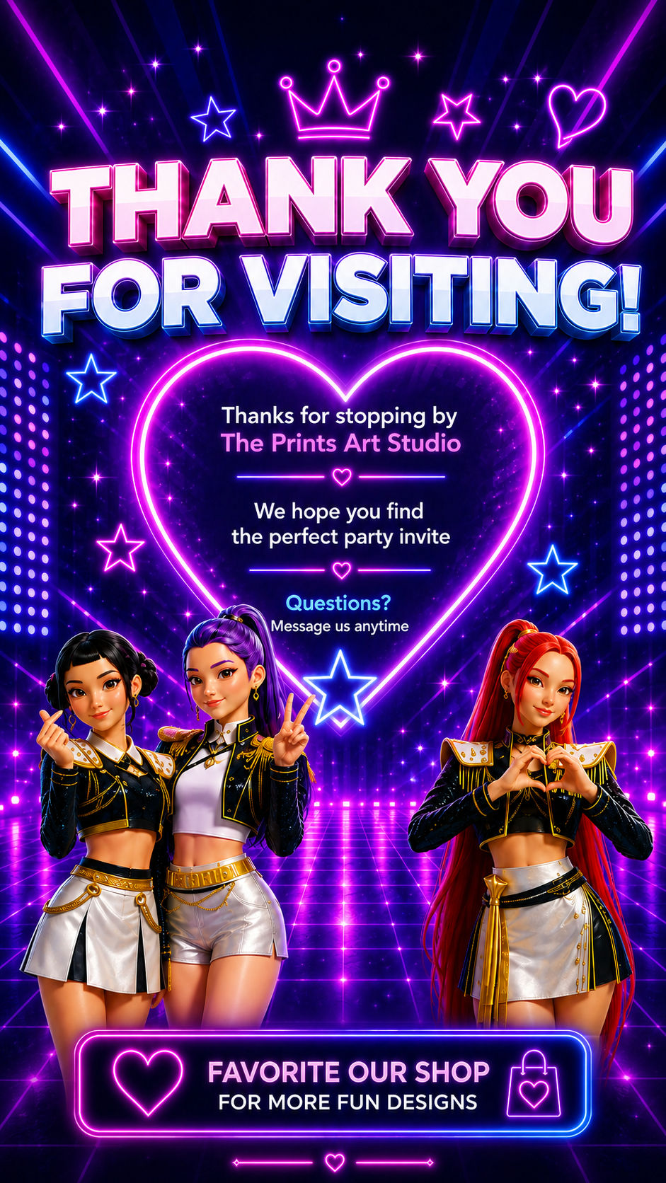 Kpop Demon Hunters Welcome Sign with colorful party theme and characters, vibrant thank you message for visitors.