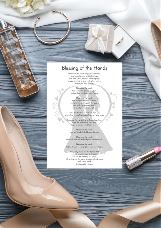 Elegant Wedding Blessing Poem print titled Blessing of the Hands displayed on a bridal table with accessories.