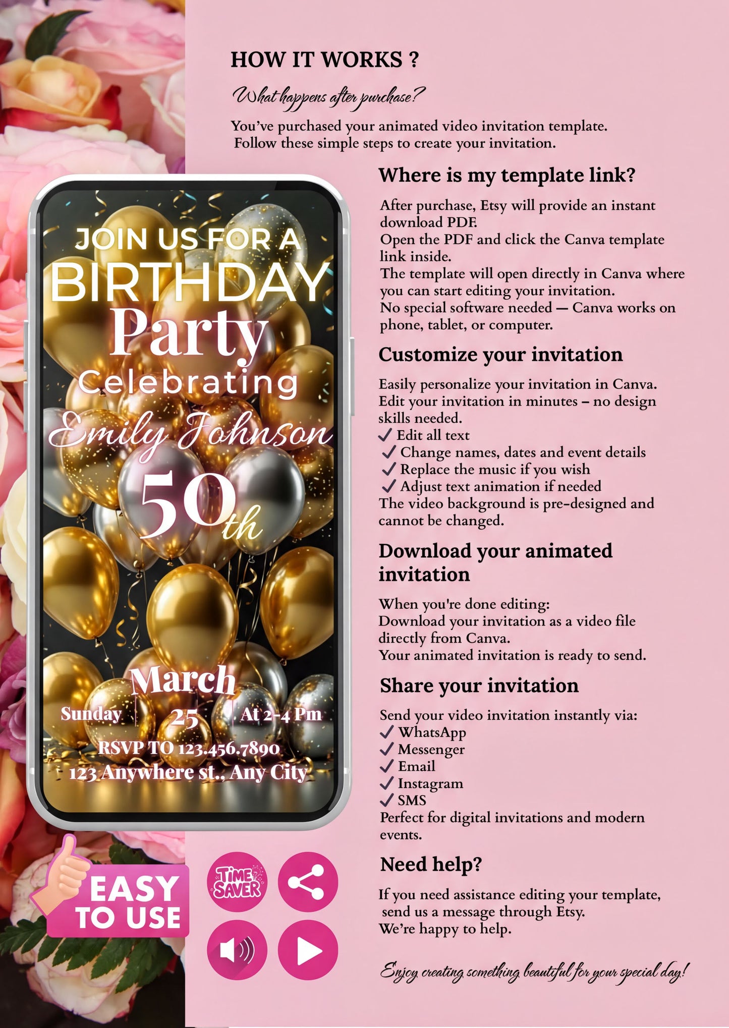 50th Birthday Video Invitation displayed on smartphone with golden balloons and text, surrounded by instructions on a floral background.