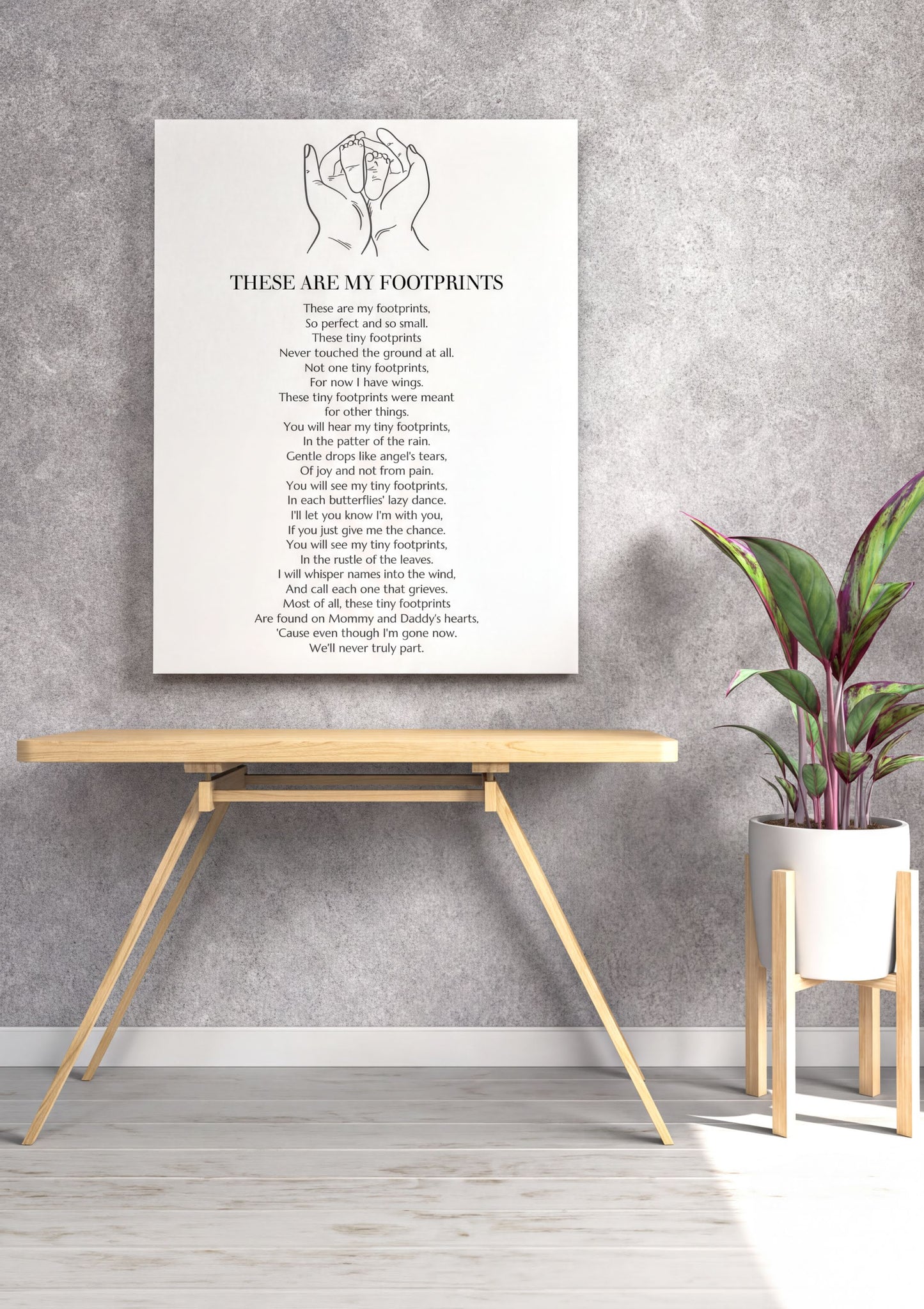 These Are My Footprints Poem Wall Art - Memorial Baby Loss Digital Download on a modern wall setup with plant décor.