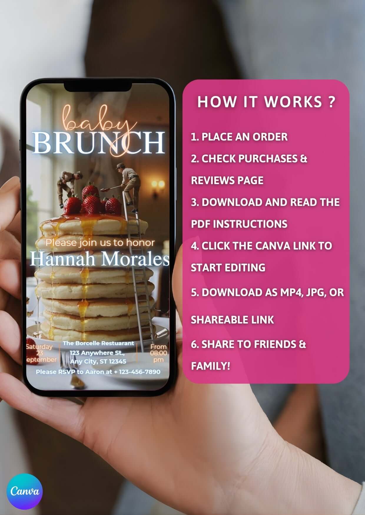 Baby Shower Video Invitation Dreamy Canva Editable template on smartphone display with step-by-step editing instructions.