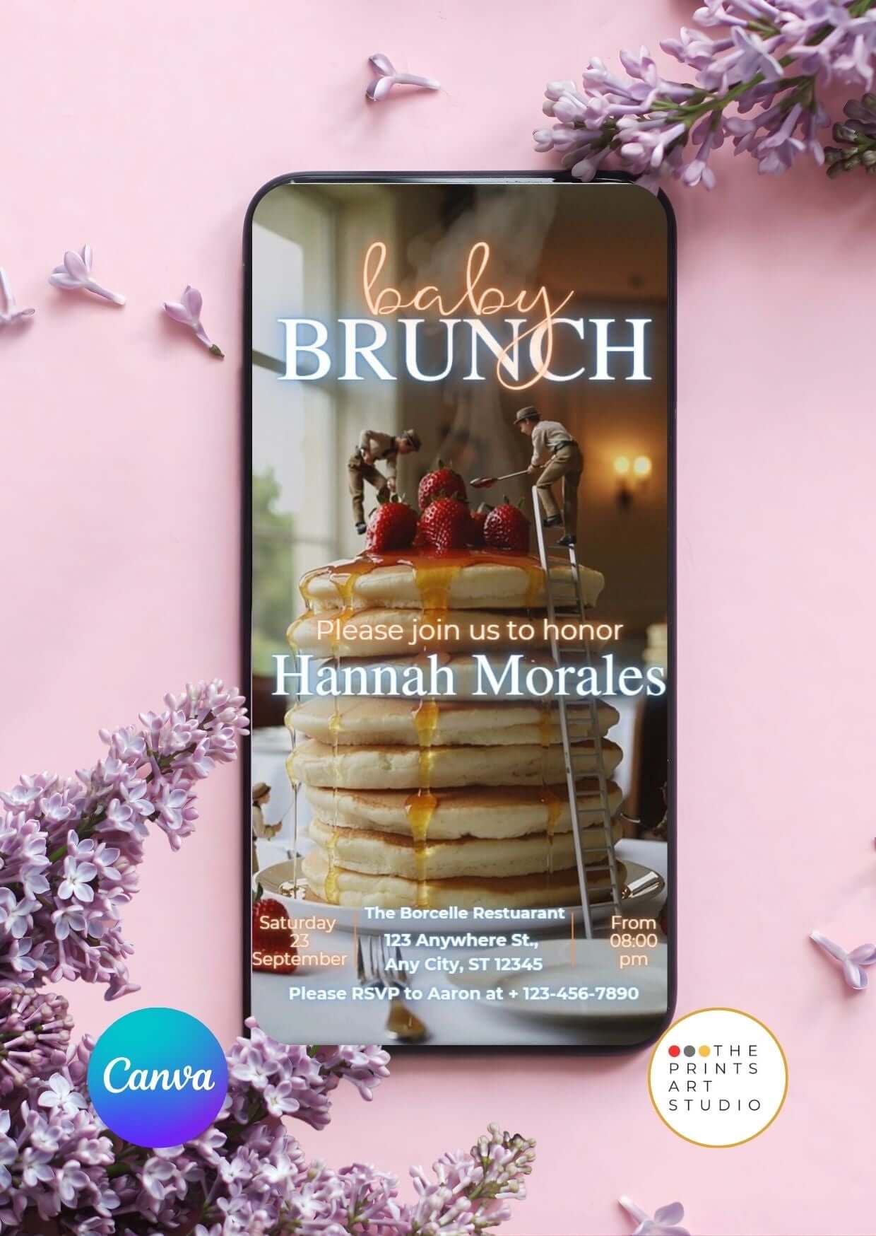 Baby Shower Video Invitation Dreamy Canva Editable with pancakes on phone screen, surrounded by lavender and soft pastel hues.