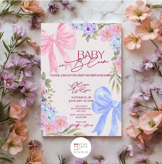 Editable baby in bloom baby shower invitation with pink floral watercolor design and elegant bows on a feminine backdrop.