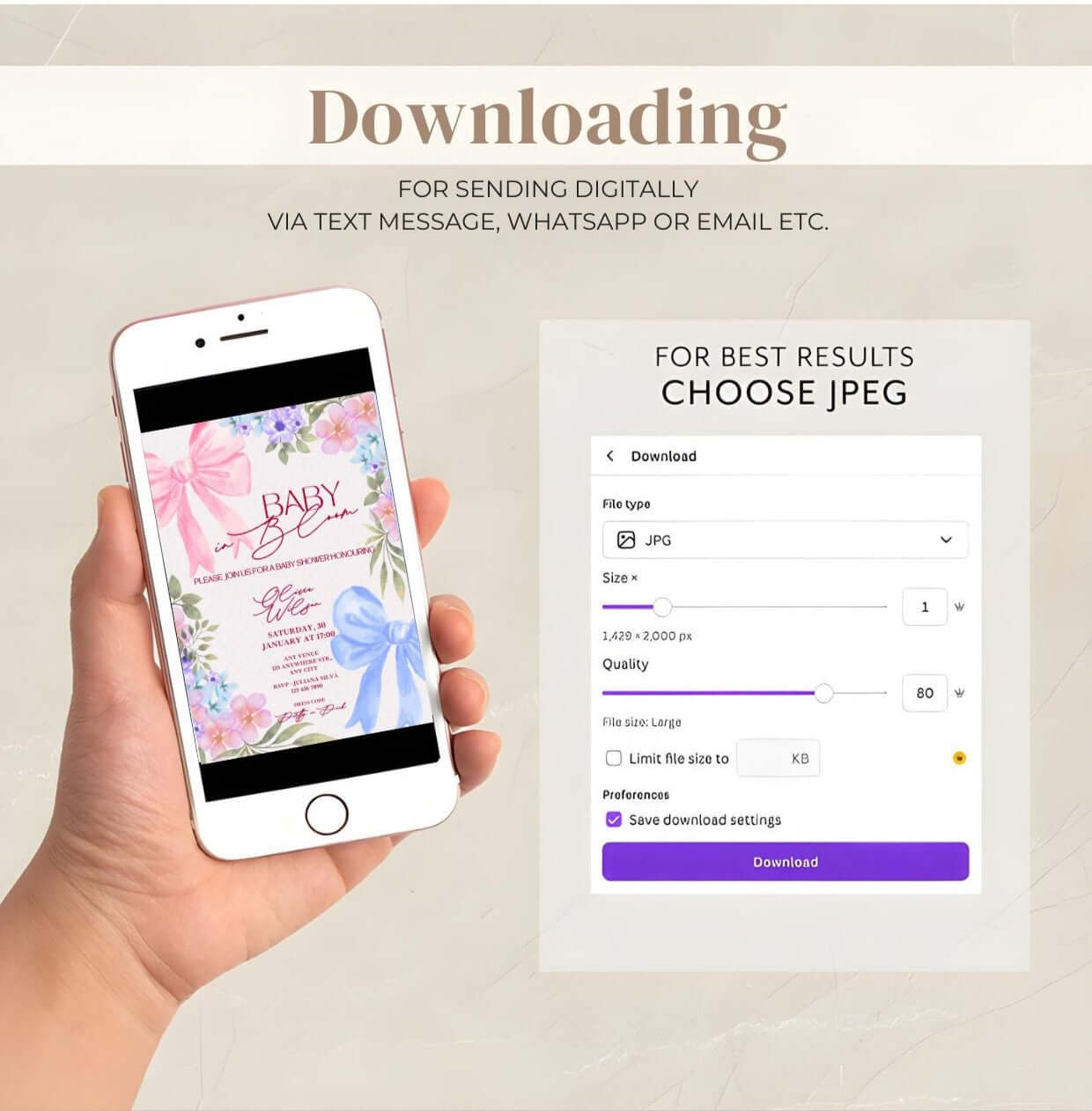 Baby in Bloom baby shower invitation download options on smartphone screen for digital sharing.