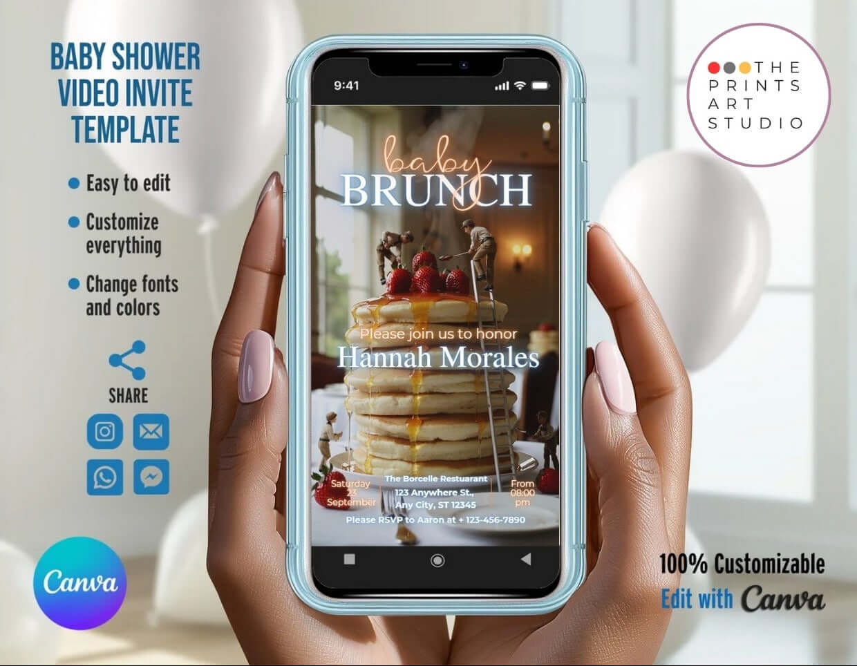 Screenshot of Baby Shower Video Invitation Dreamy Canva Editable template on a smartphone, emphasizing customization and social sharing.