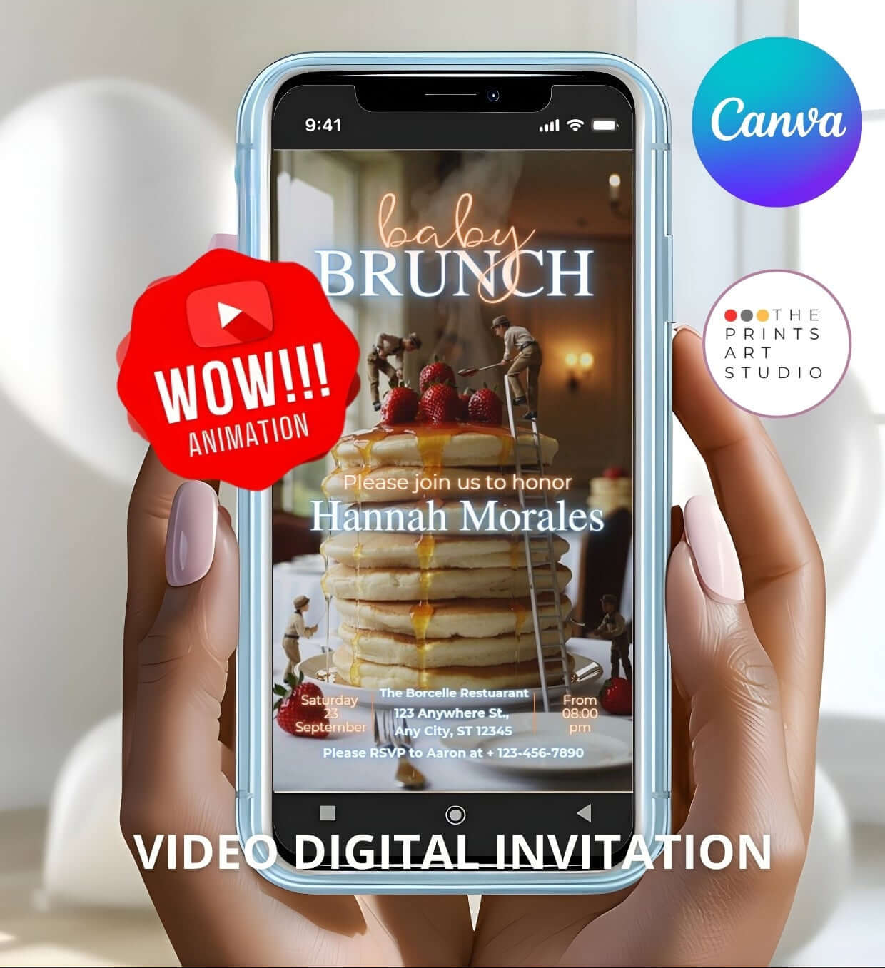 Baby Shower Video Invitation Dreamy Canva Editable template on smartphone screen with pancake brunch theme.