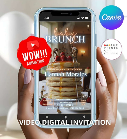 Baby Shower Video Invitation Dreamy Canva Editable template on smartphone screen with pancake brunch theme.