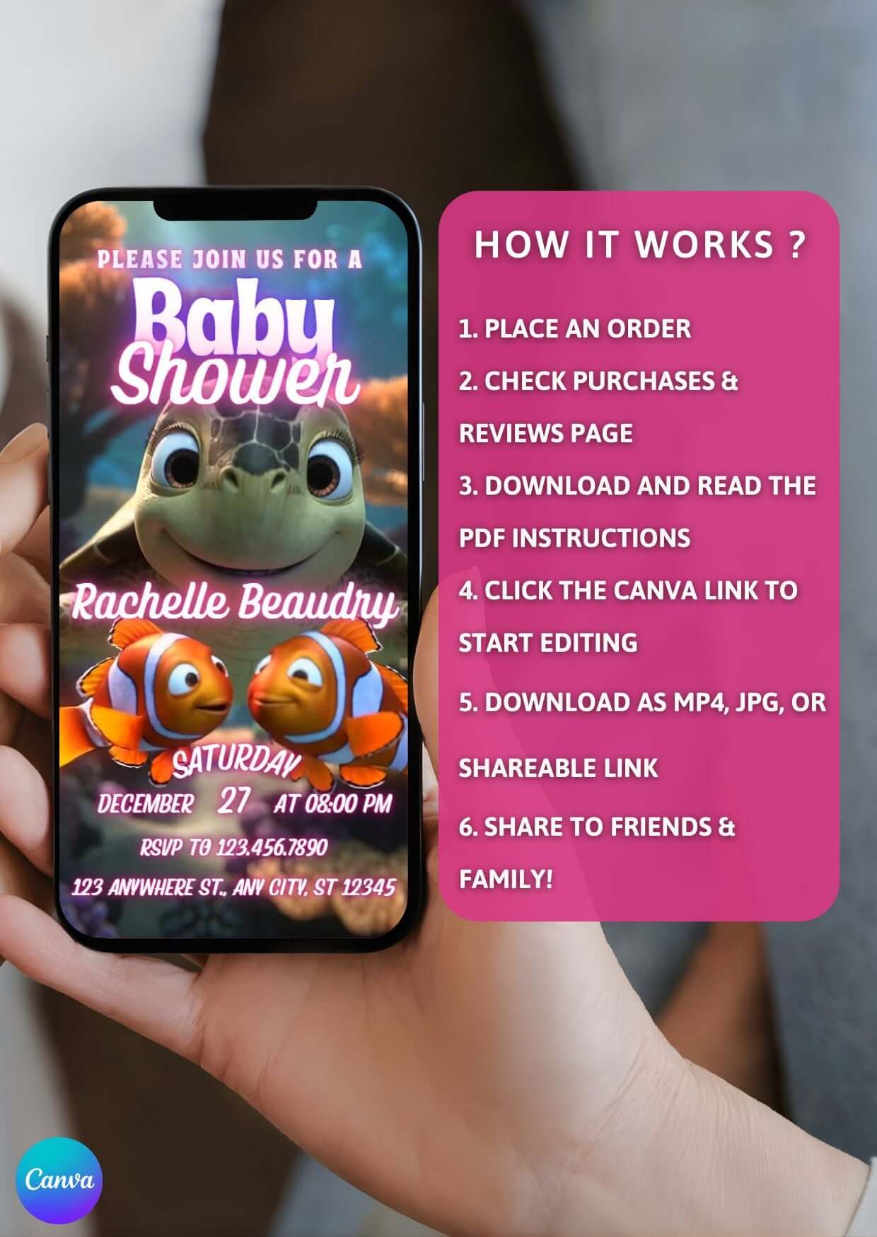 Person holding a phone displaying a Baby Shower Video Invitation Template with under the sea theme in Canva interface.