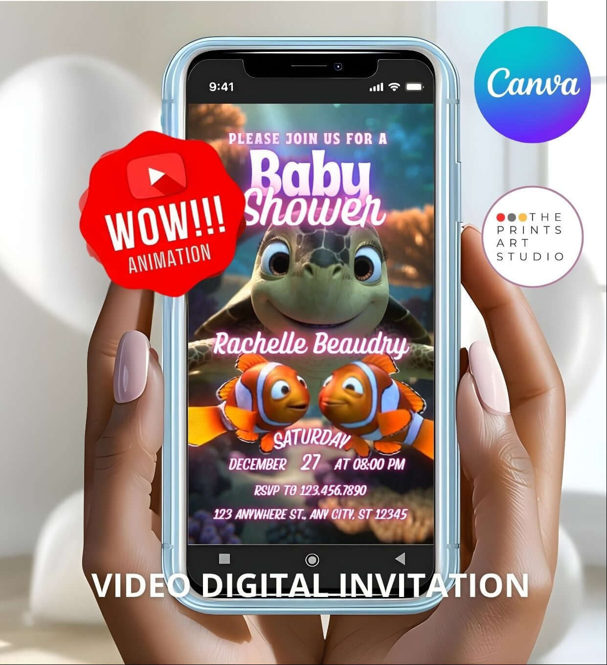 Baby Shower Video Invitation Template with ocean theme displayed on smartphone screen, featuring under the sea design and Canva logo.