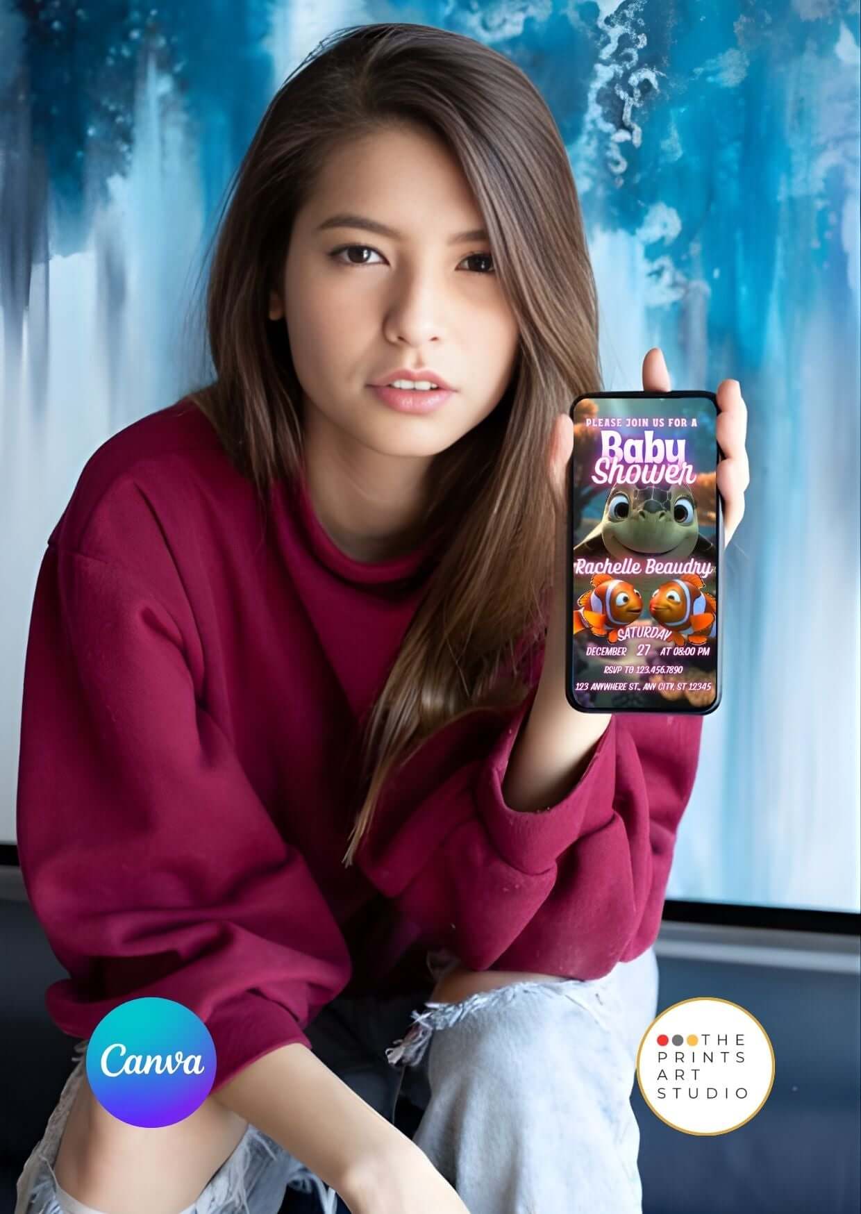 Woman holding phone displaying Baby Shower Video Invitation Template in ocean theme editable on Canva.