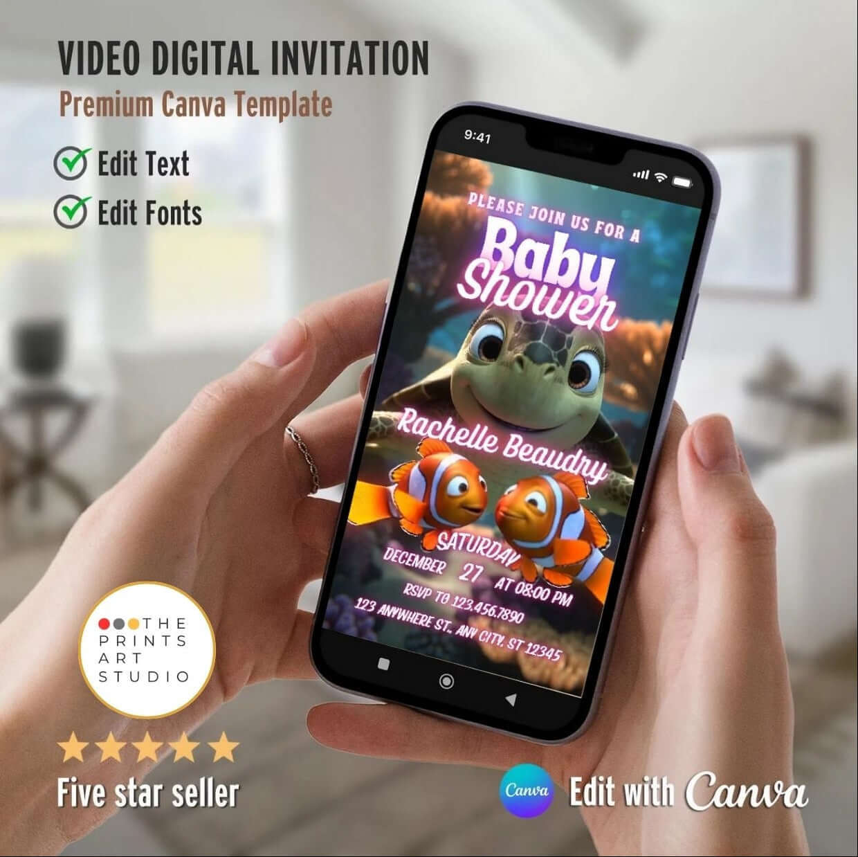 Baby Shower Video Invitation Template in ocean theme displayed on mobile phone