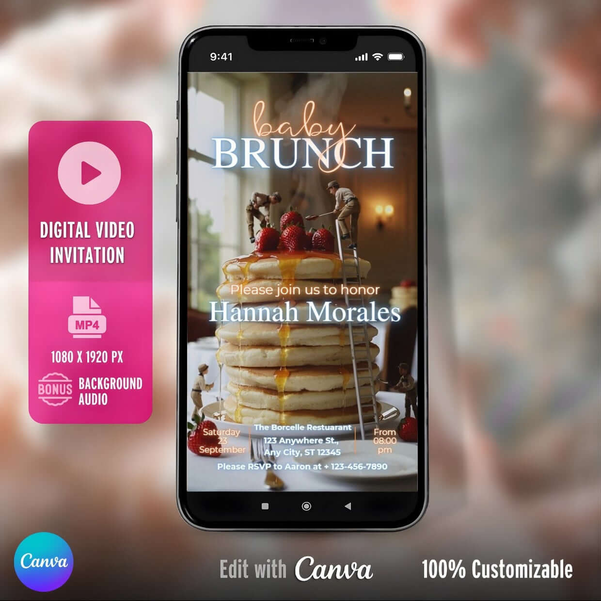 Smartphone displaying a Baby Shower Video Invitation Dreamy Canva Editable with pancakes and berries on the screen.