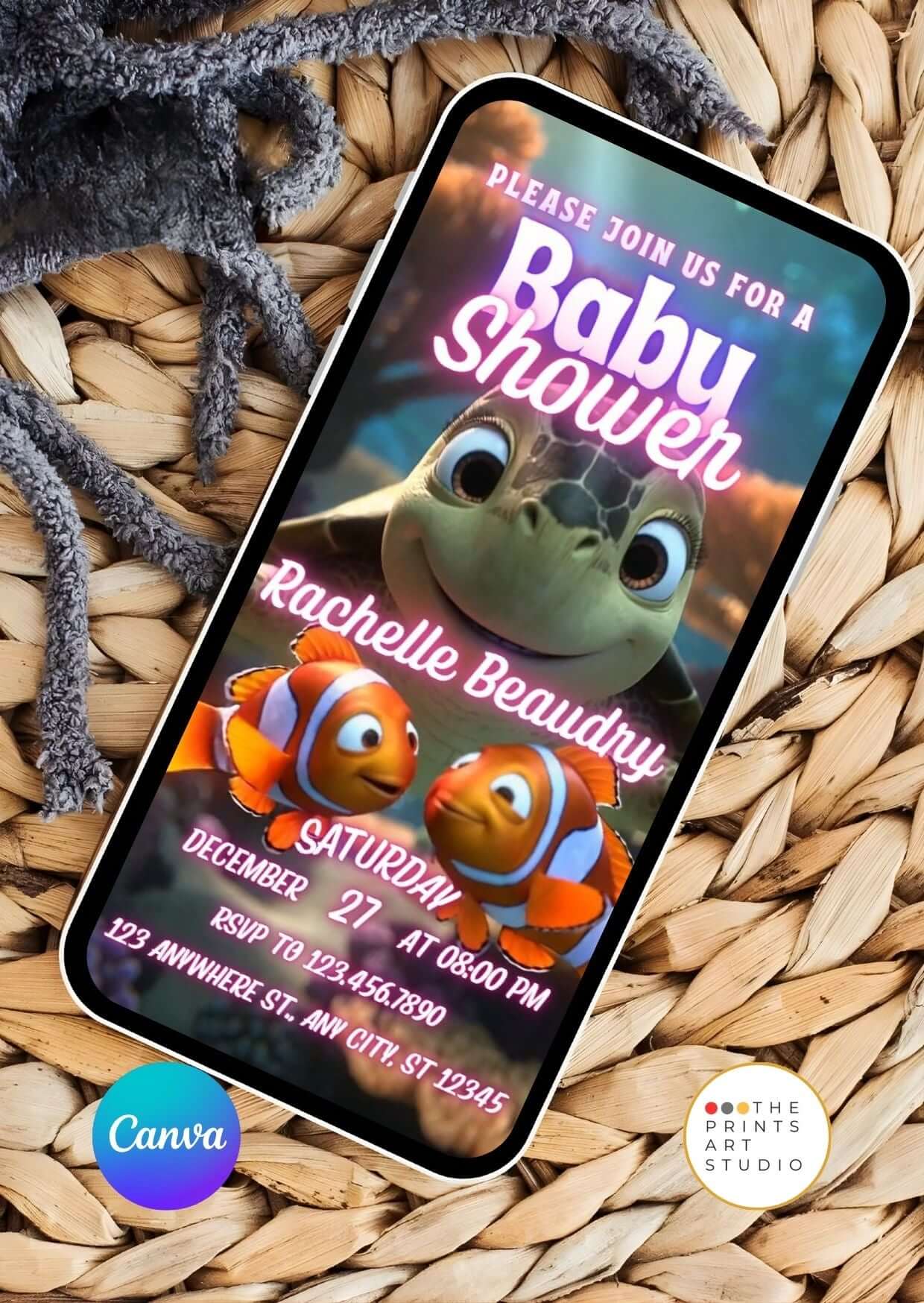 Baby Shower Video Invitation Template with ocean theme on smartphone, showcasing playful sea creatures for a baby shower.