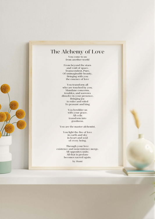 Inspirational Poetry Wall Art featuring The Alchemy of Love by Rumi in a minimalist decor setting.