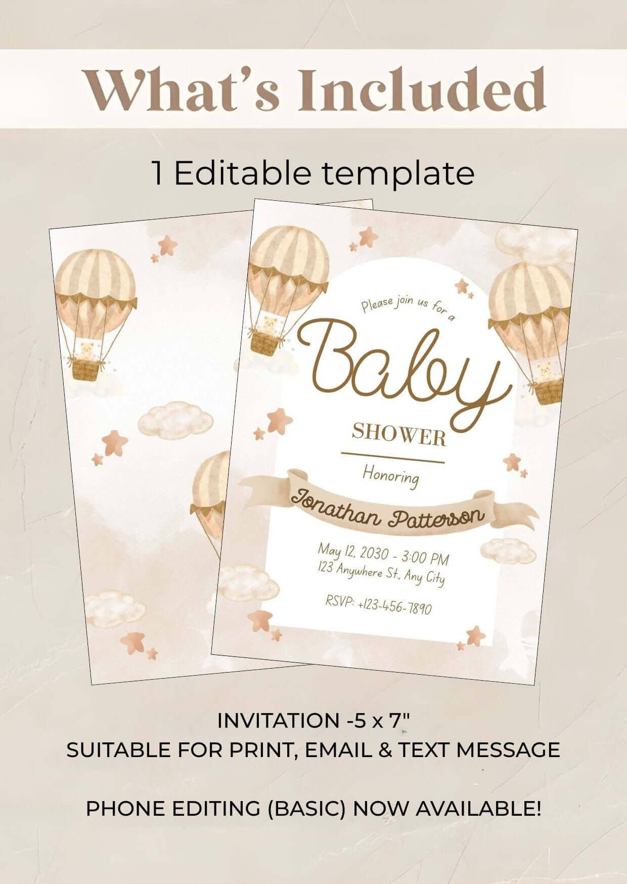 Beige baby shower invitation with hot air balloon design, featuring an editable text template, suitable for print or digital sharing.