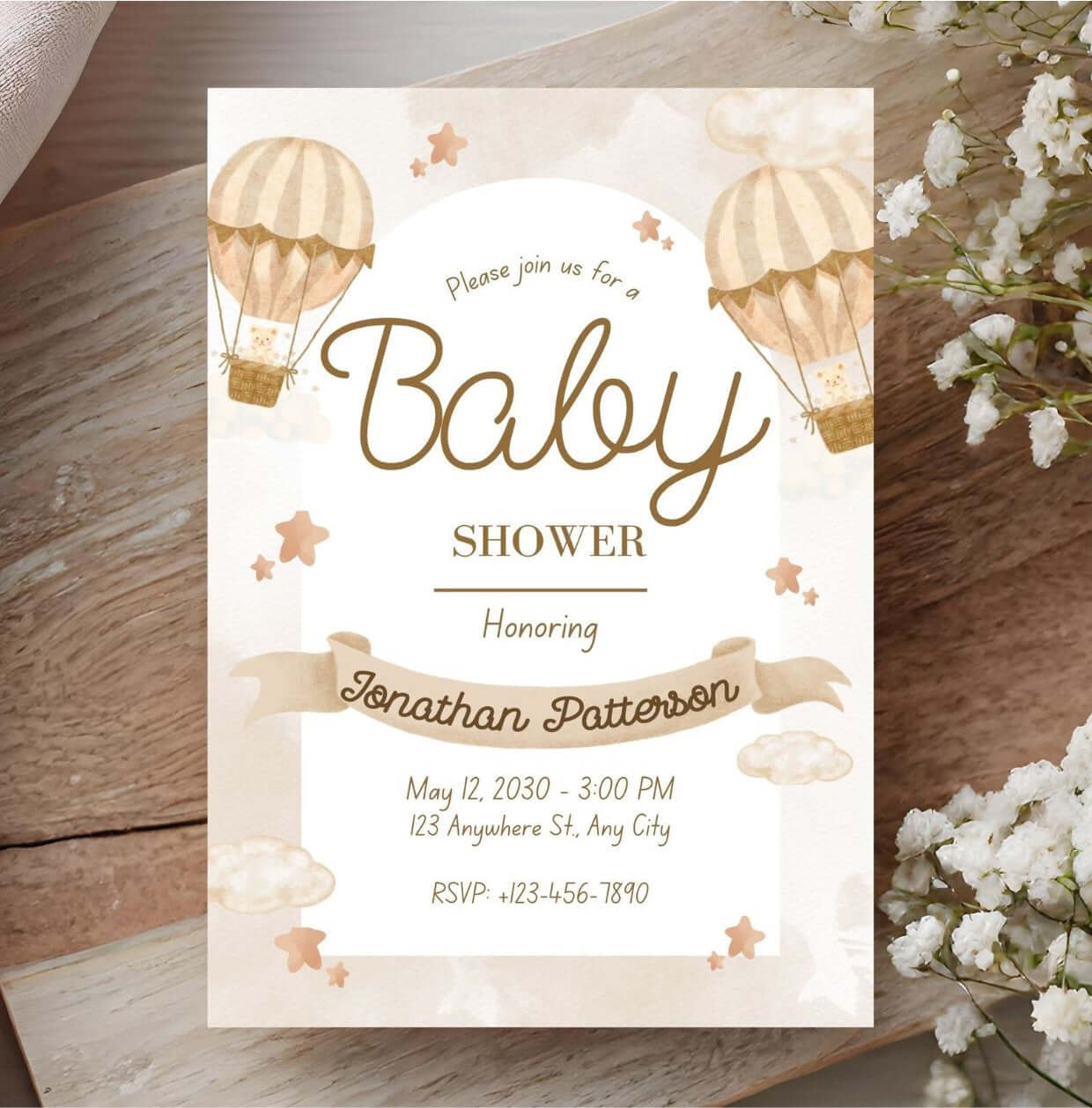 Beige baby shower invitation with hot air balloon design; editable and gender-neutral, perfect for rustic celebrations.