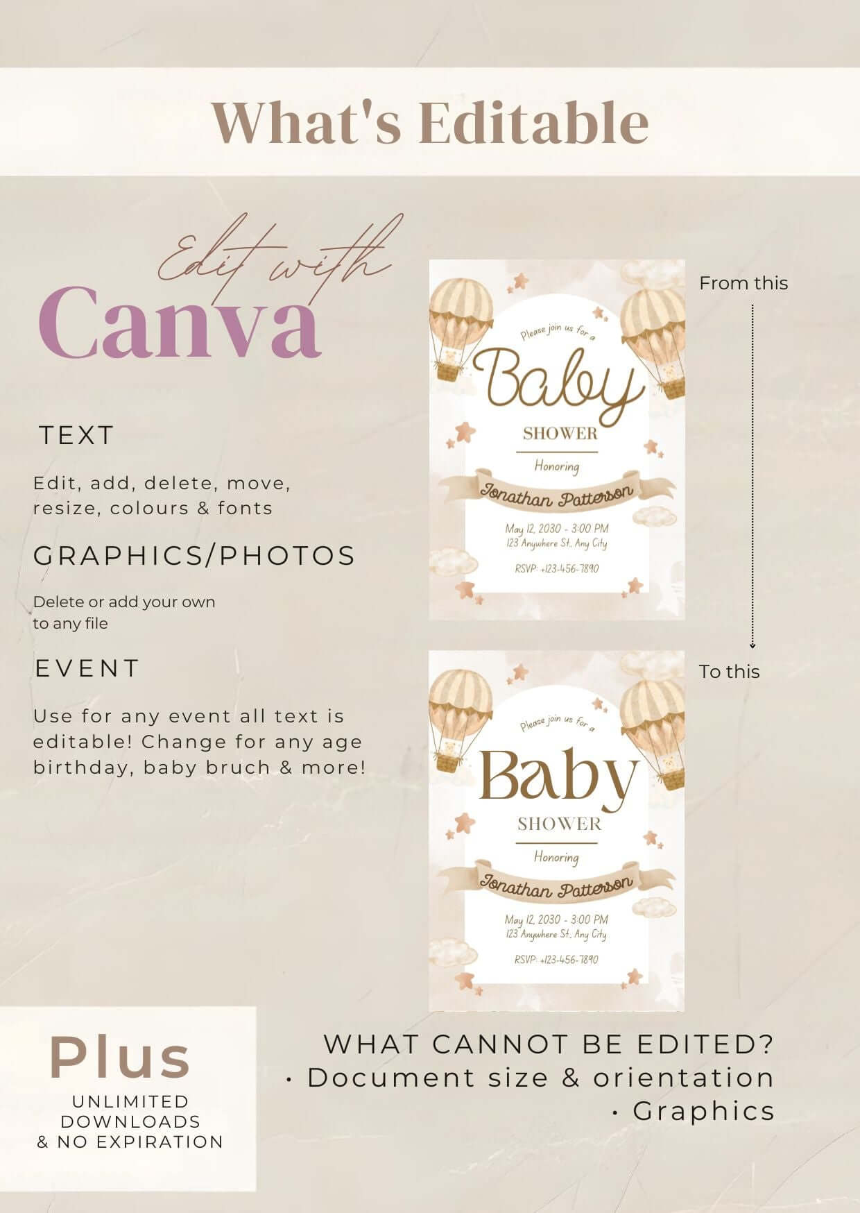 Editable beige baby shower invitation with hot air balloon design and Canva editing options.