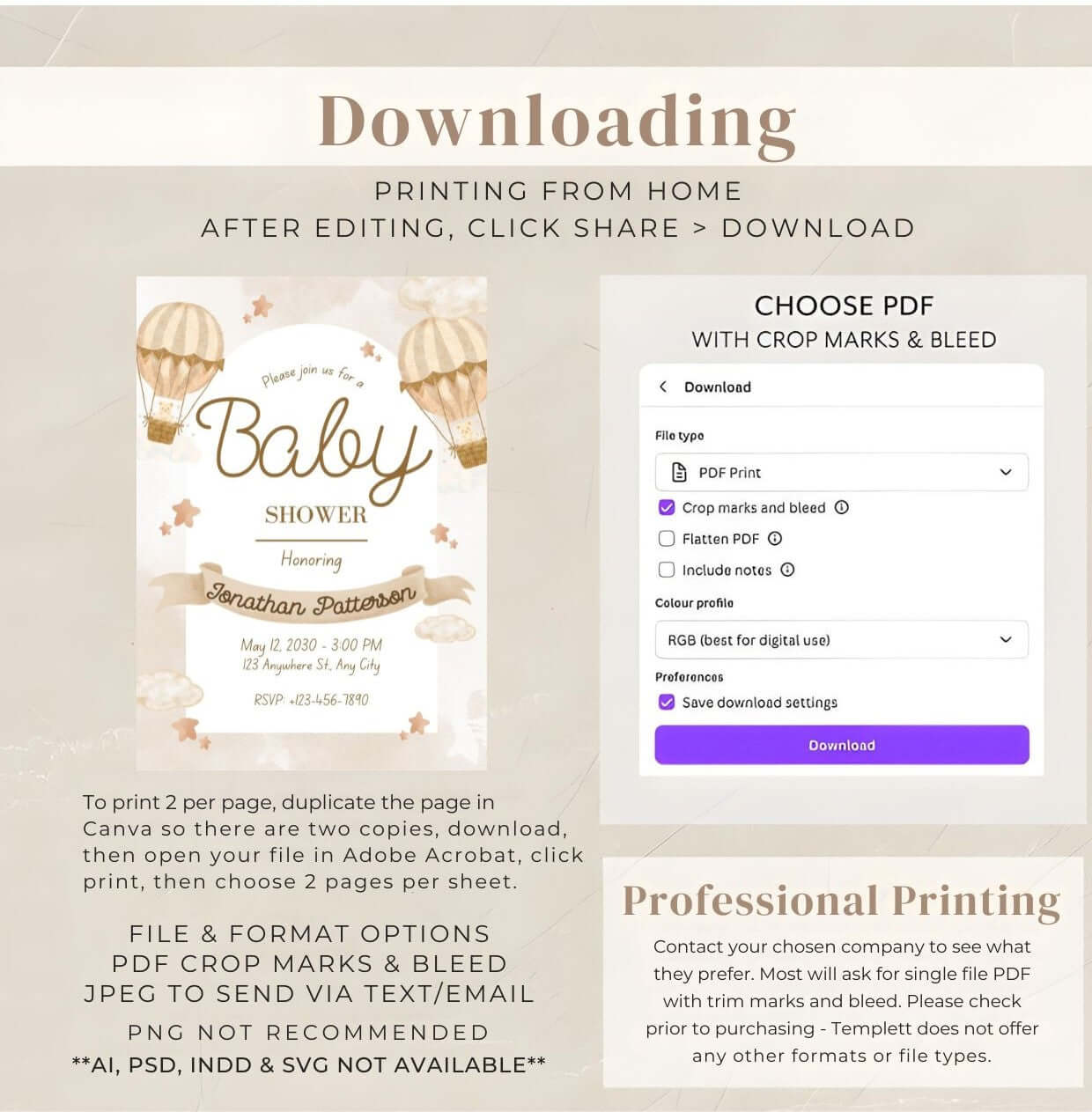 Beige baby shower invitation with hot air balloon template displayed on downloading tips image