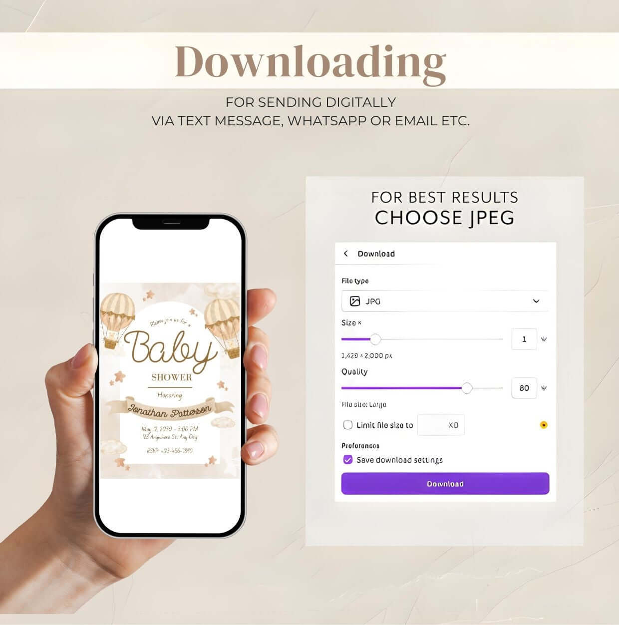 Beige baby shower invitation template shown on smartphone with downloading options for digital sharing via JPEG format.
