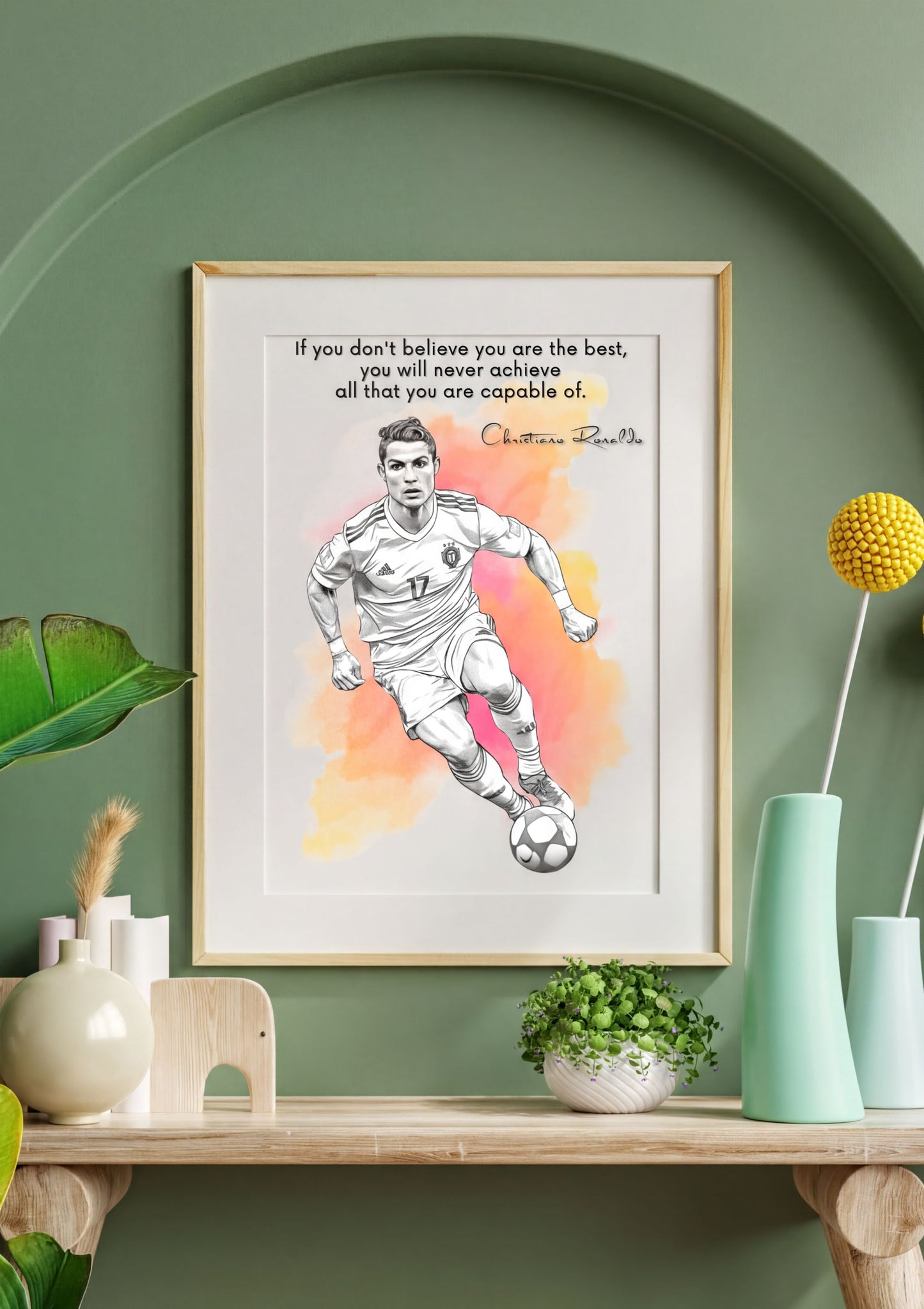 Cristiano Ronaldo Quote Print featuring motivational art with the quote about believing in oneself.