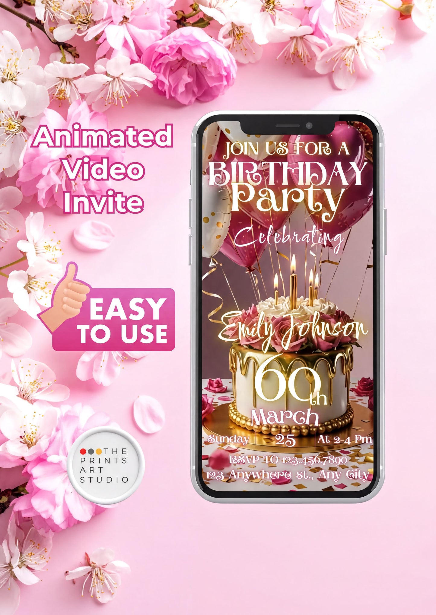 60th Birthday Video Invitation displayed on a phone with floral background and birthday cake design.